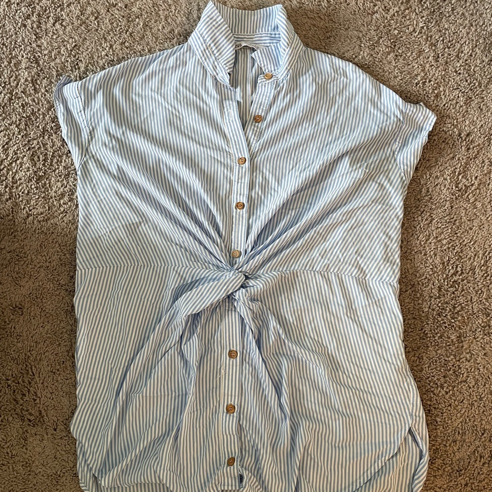 Zara blue and white striped button down mini dress. Super cute!